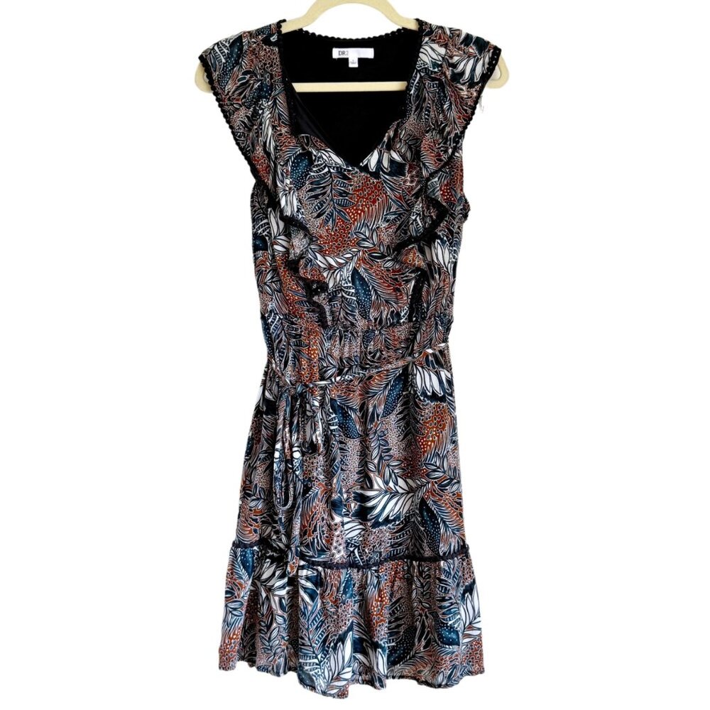 DR2 Floral Belted Mini Boho Dress Navy Blue Women's Small